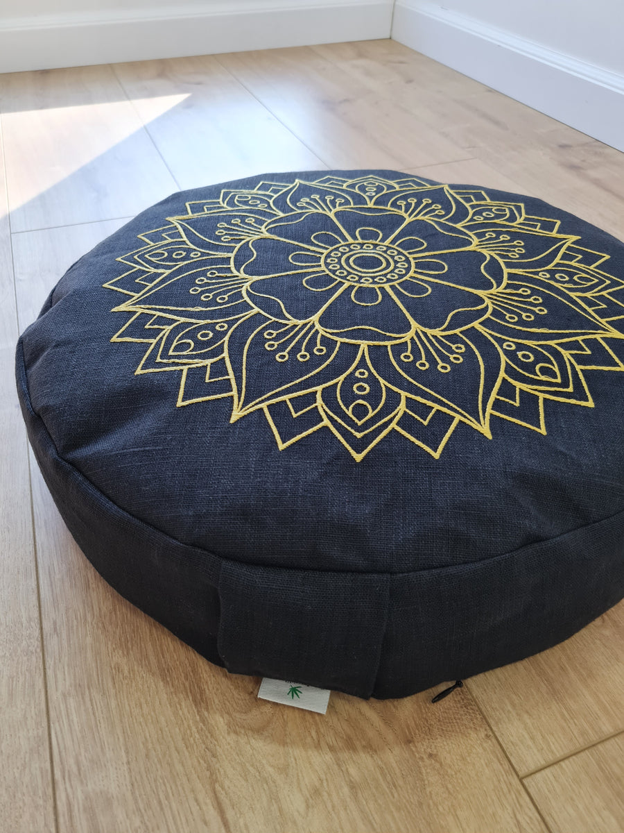 Embroidery Zafu Linen floor cushion with Buckwheat hulls /Organic Meditation cushion/ pillow seat/Meditation pillow for Yoga studio