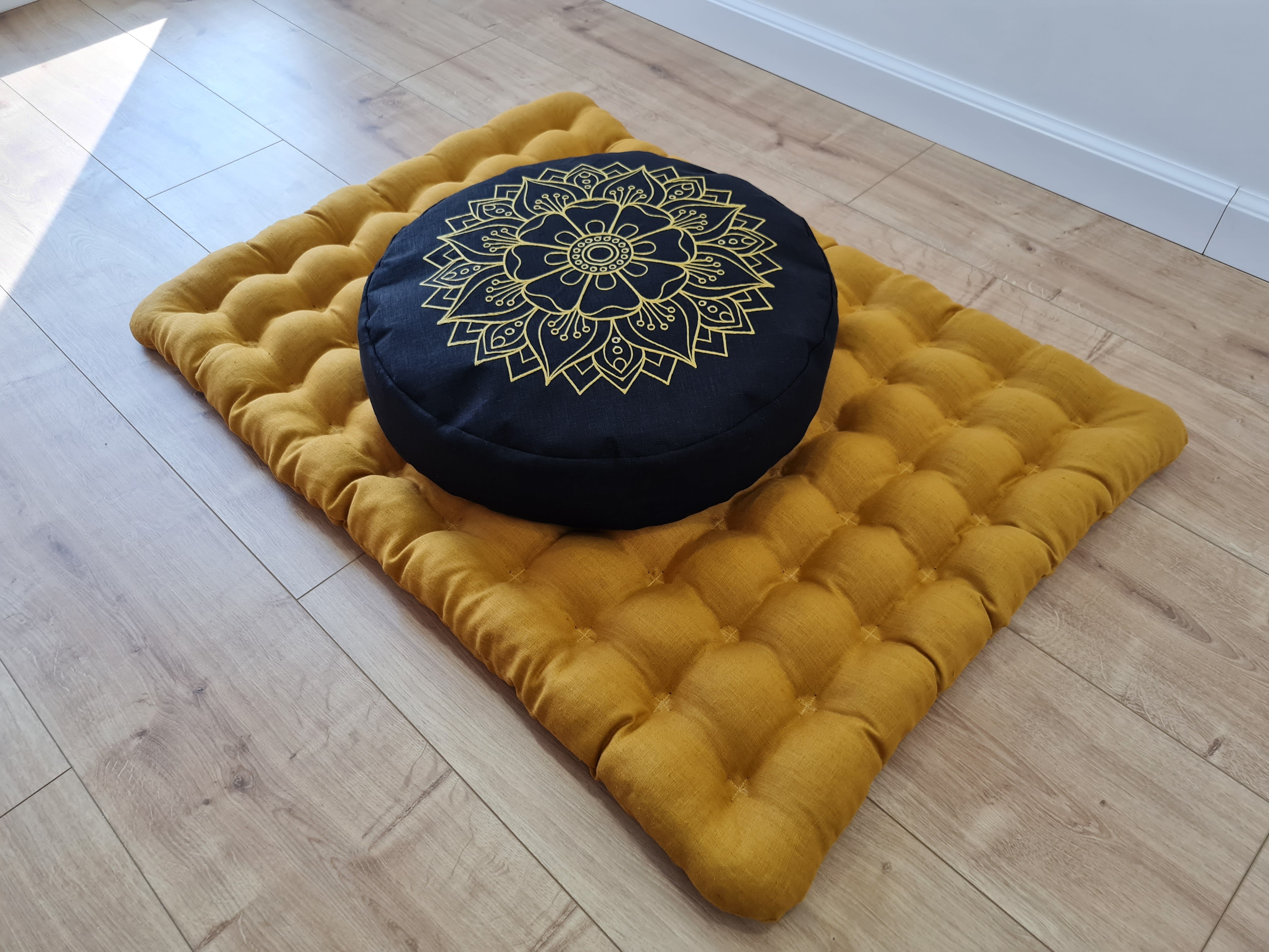 Embroidery Meditation Set Zafu & Zabuton with Buckwheat hulls Mandala Linen Floor cushions Meditation pillow pouf PillowSeat Yoga