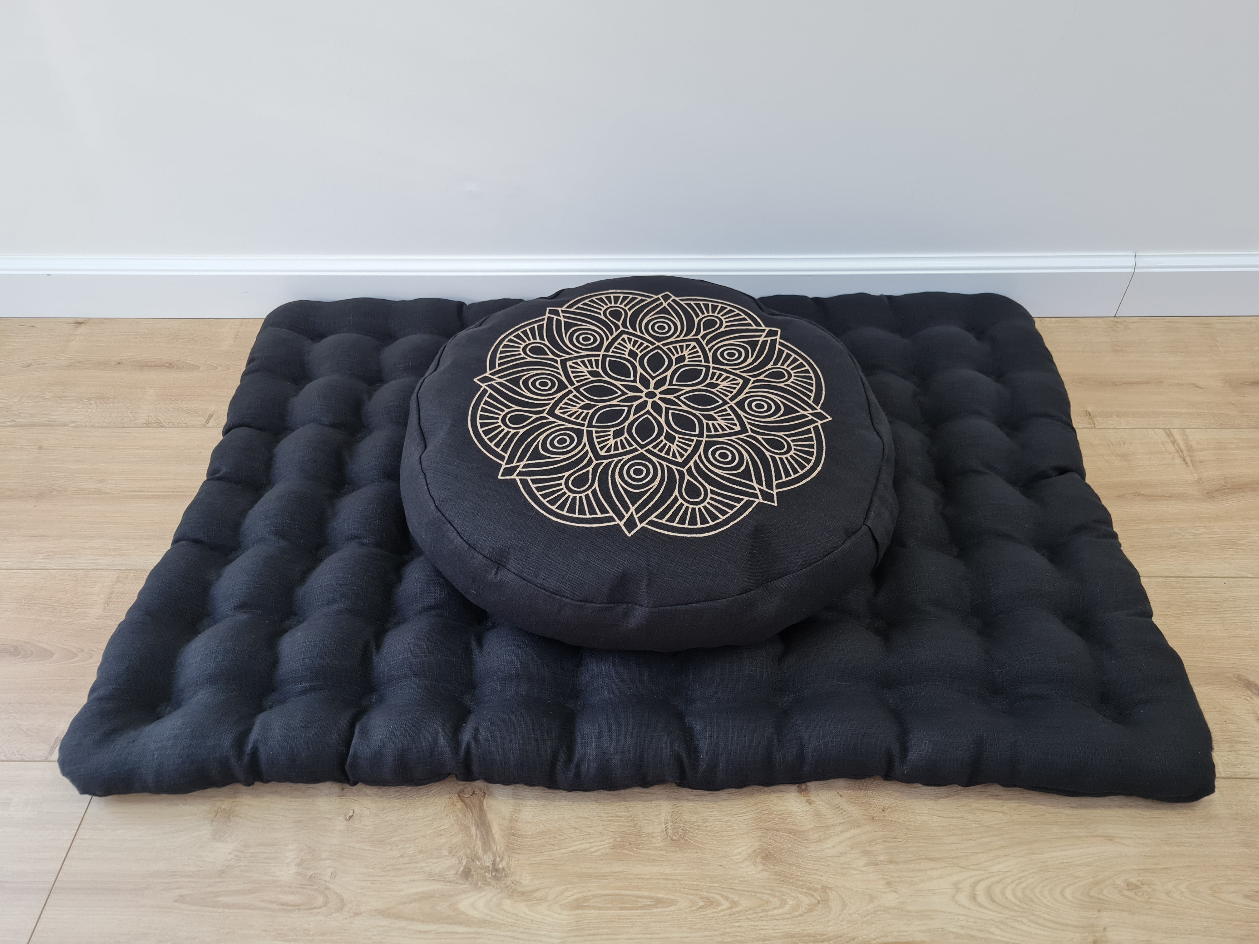 Embroidery Meditation Set Zafu & Zabuton with Buckwheat hulls Mandala Linen Floor cushions Meditation pillow pouf PillowSeat Yoga