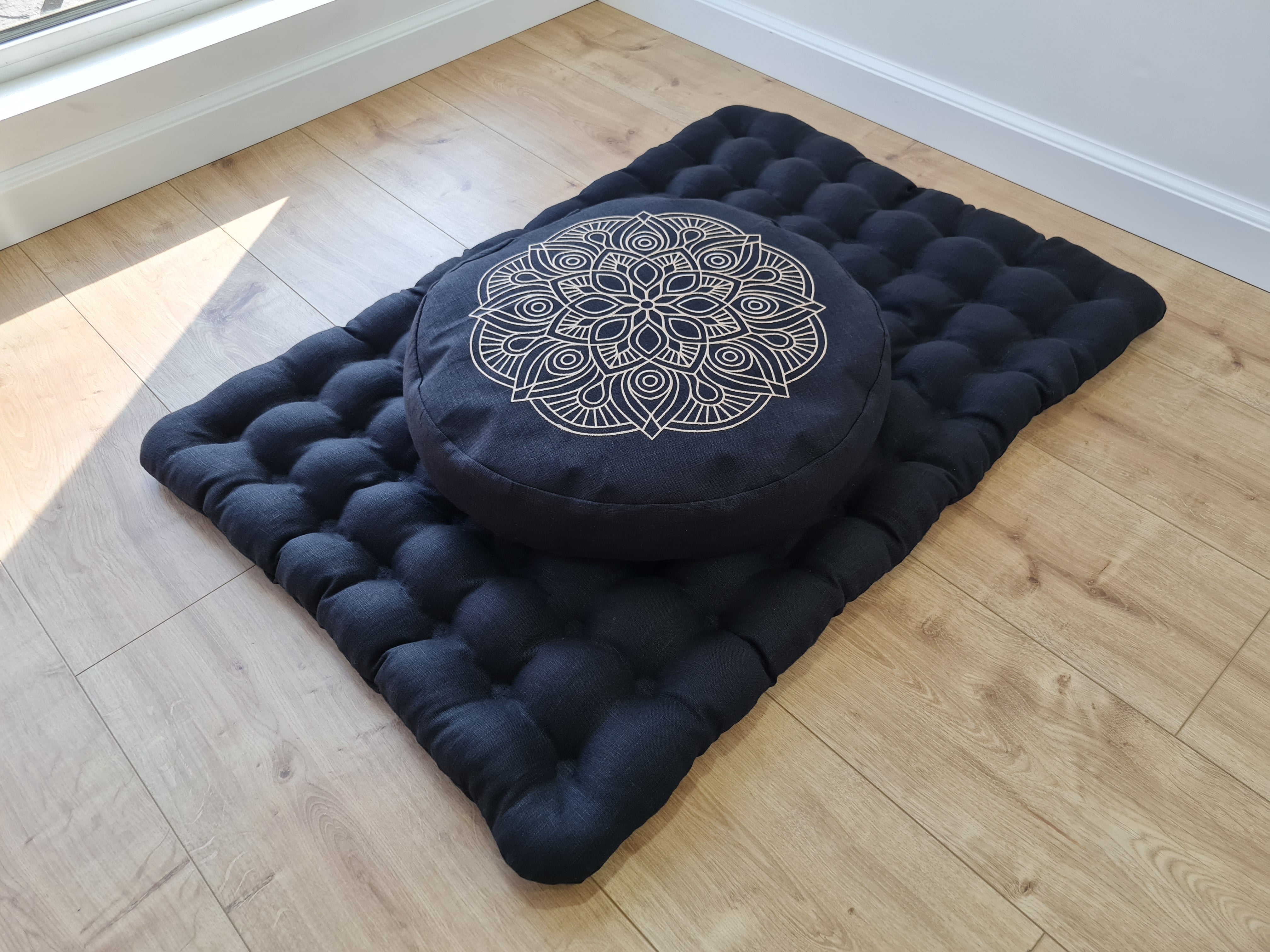 Embroidery Meditation Set Zafu & Zabuton with Buckwheat hulls Mandala Linen Floor cushions Meditation pillow pouf PillowSeat Yoga