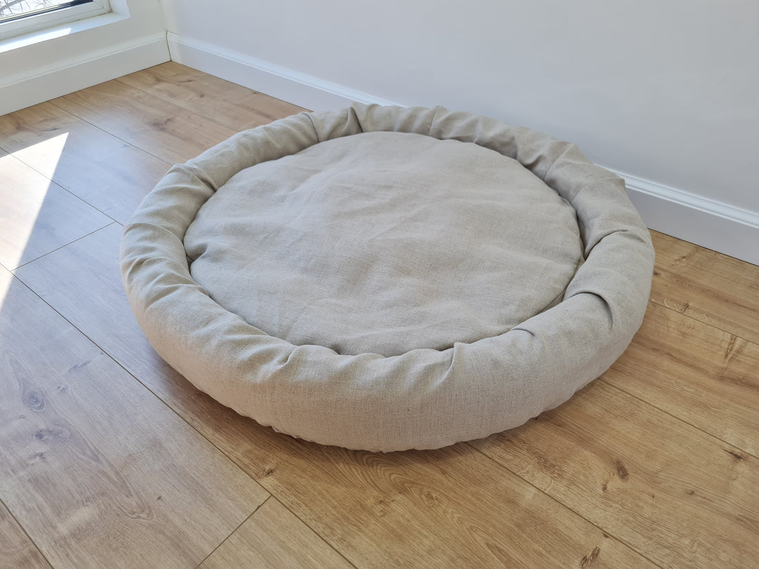 Low Round Hemp Linen Pet Bed Cot with Removable Washable Natural Non-dyed Linen Cover with thick cushion inside Filled Organic Hemp Fiber