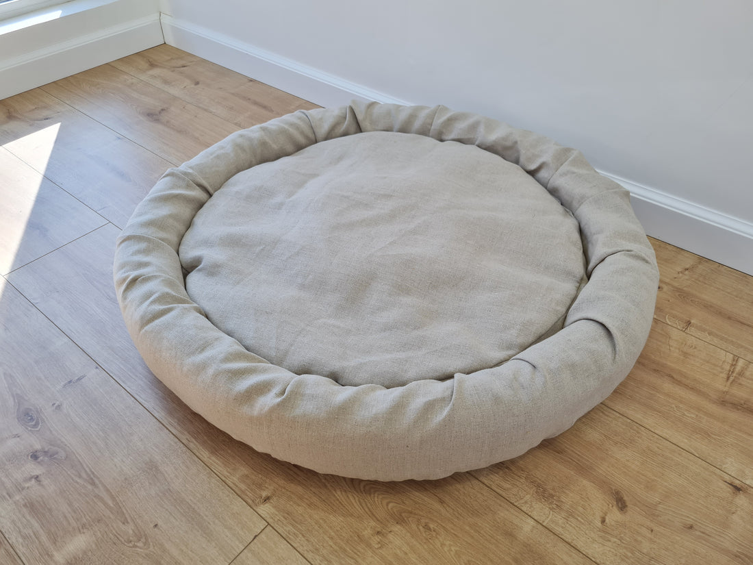 Low Round Hemp Linen Pet Bed Cot with Removable Washable Natural Non-dyed Linen Cover with thick cushion inside Filled Organic Hemp Fiber