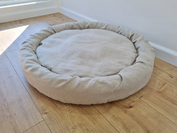 Low Round Hemp Linen Pet Bed Cot with Removable Washable Natural Non-dyed Linen Cover with thick cushion inside Filled Organic Hemp Fiber
