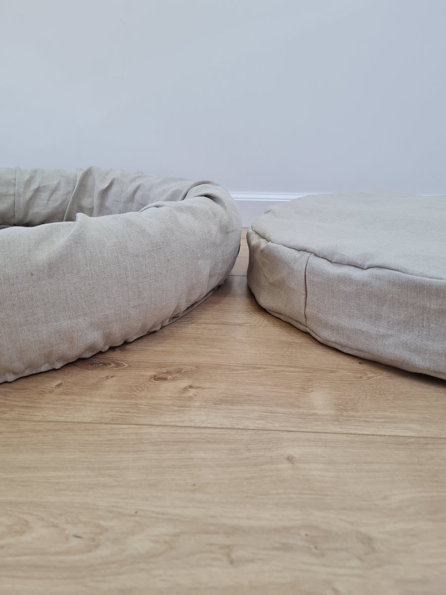 Low Round Hemp Linen Pet Bed Cot with Removable Washable Natural Non-dyed Linen Cover with thick cushion inside Filled Organic Hemp Fiber