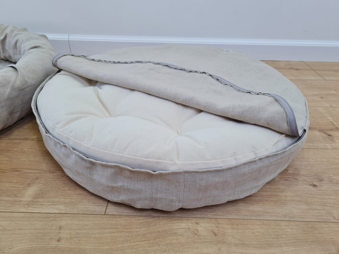 Low Round Hemp Linen Pet Bed Cot with Removable Washable Natural Non-dyed Linen Cover with thick cushion inside Filled Organic Hemp Fiber