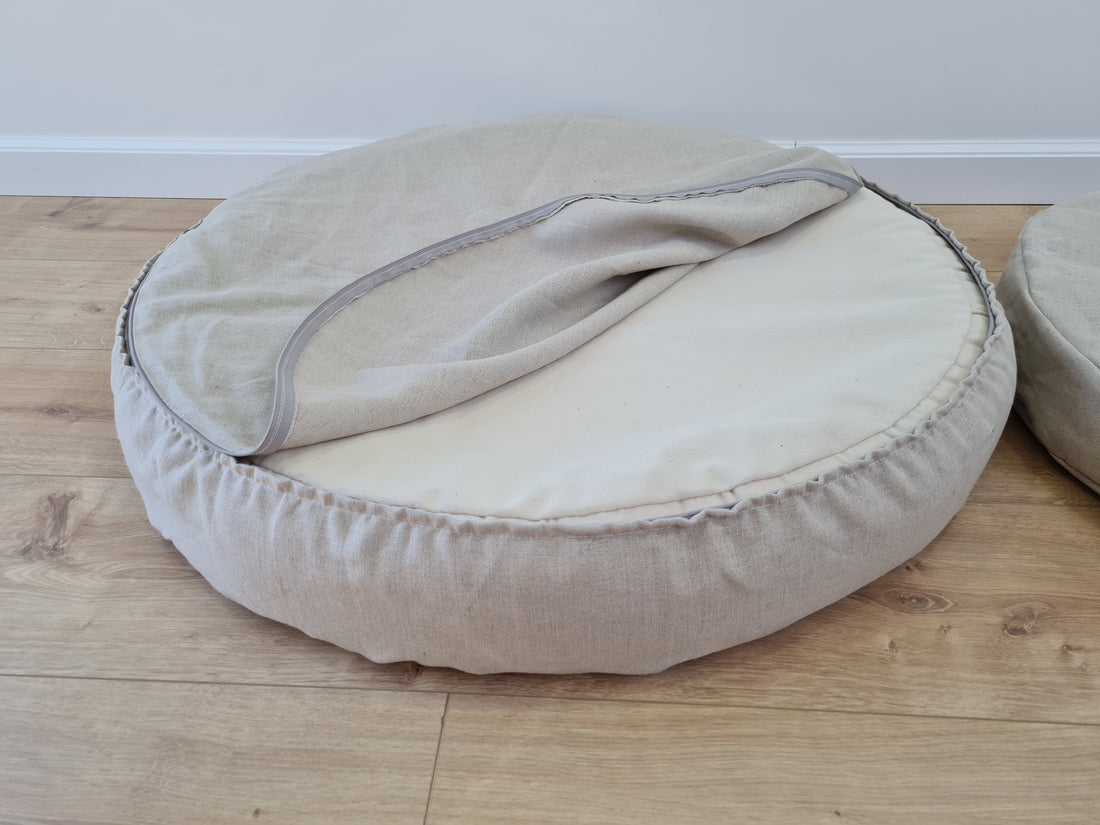 Low Round Hemp Linen Pet Bed Cot with Removable Washable Natural Non-dyed Linen Cover with thick cushion inside Filled Organic Hemp Fiber