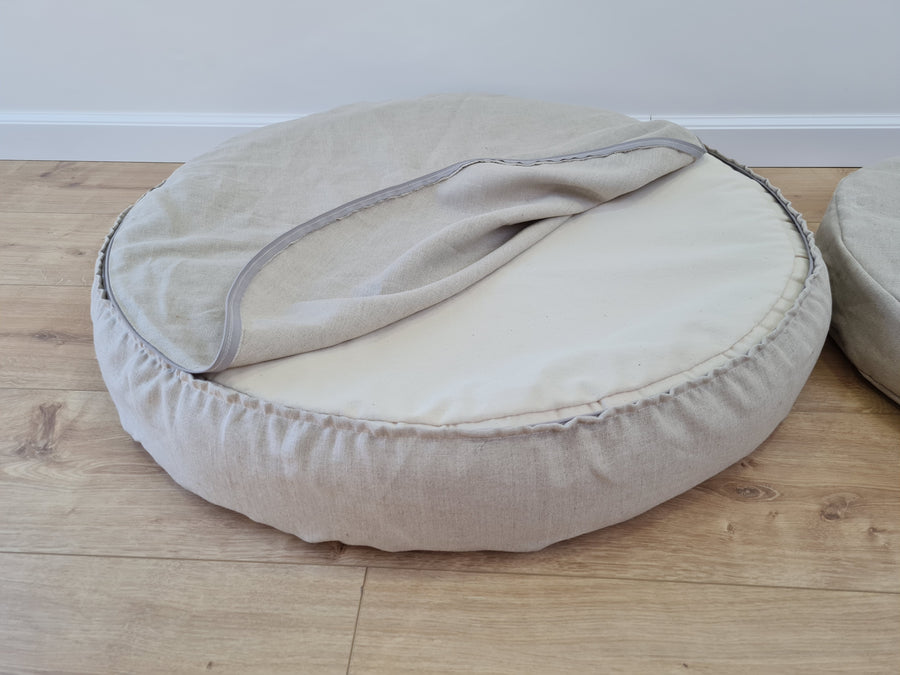 Low Round Hemp Linen Pet Bed Cot with Removable Washable Natural Non-dyed Linen Cover with thick cushion inside Filled Organic Hemp Fiber