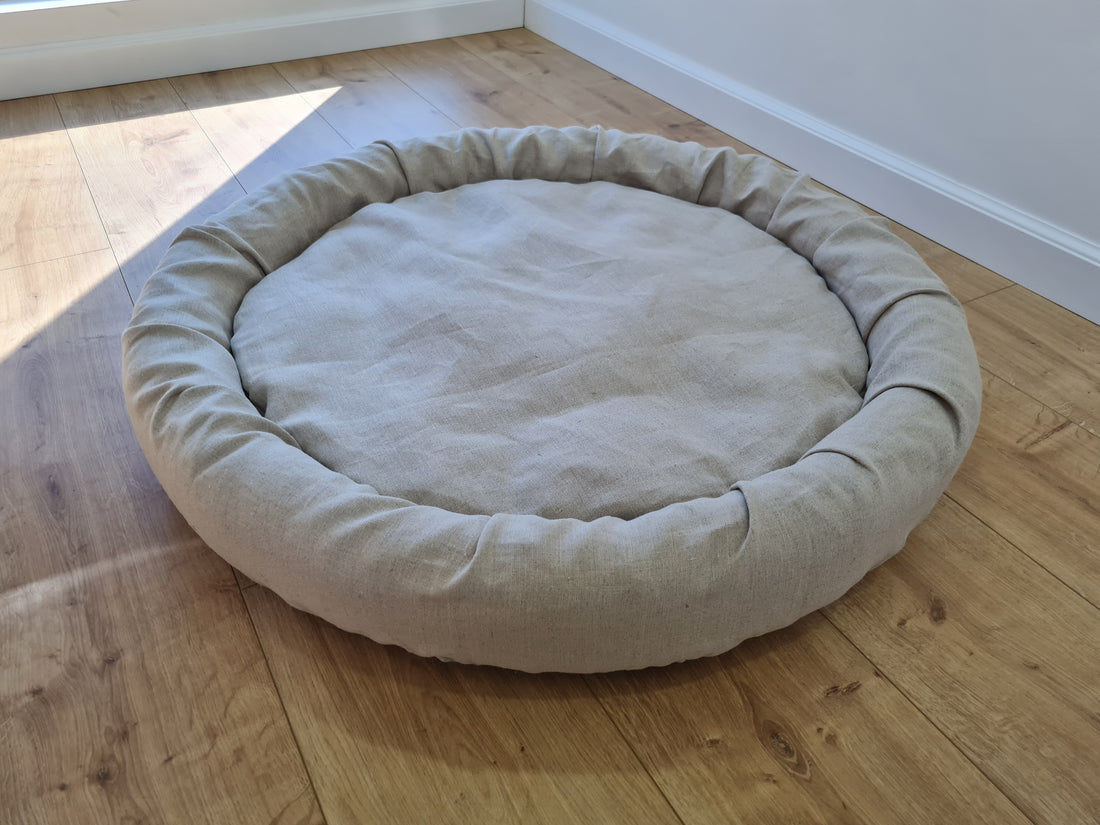 Low Round Hemp Linen Pet Bed Cot with Removable Washable Natural Non-dyed Linen Cover with thick cushion inside Filled Organic Hemp Fiber
