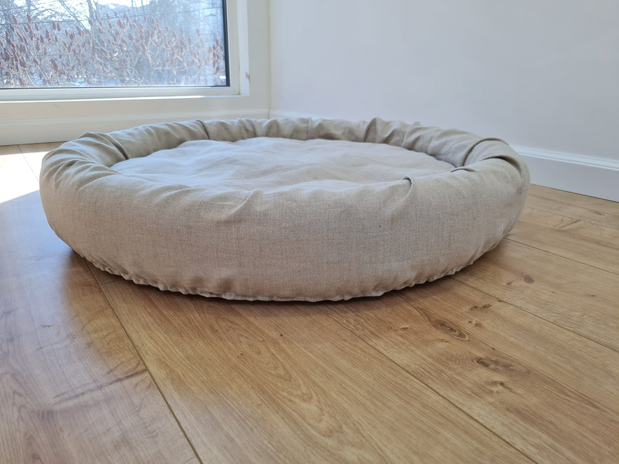 Low Round Hemp Linen Pet Bed Cot with Removable Washable Natural Non-dyed Linen Cover with thick cushion inside Filled Organic Hemp Fiber