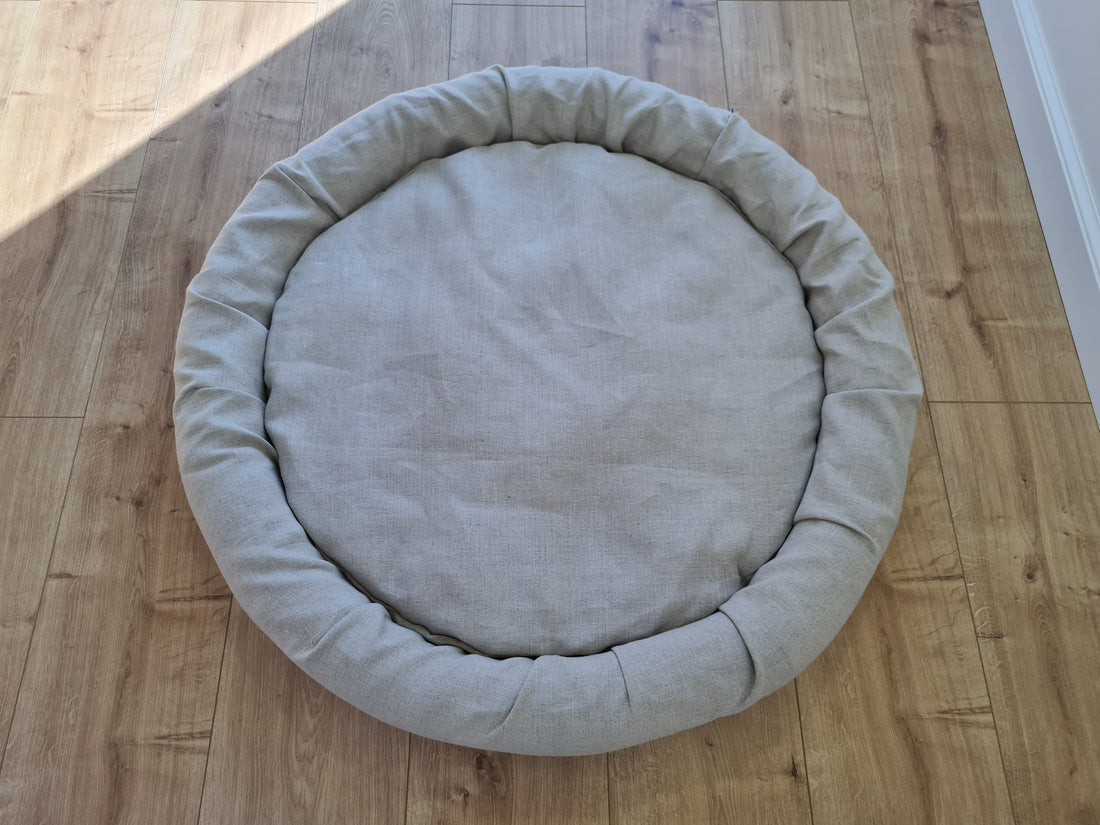 Low Round Hemp Linen Pet Bed Cot with Removable Washable Natural Non-dyed Linen Cover with thick cushion inside Filled Organic Hemp Fiber