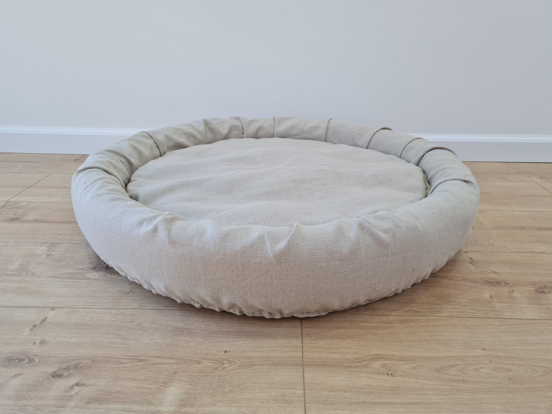 Low Round Hemp Linen Pet Bed Cot with Removable Washable Natural Non-dyed Linen Cover with thick cushion inside Filled Organic Hemp Fiber