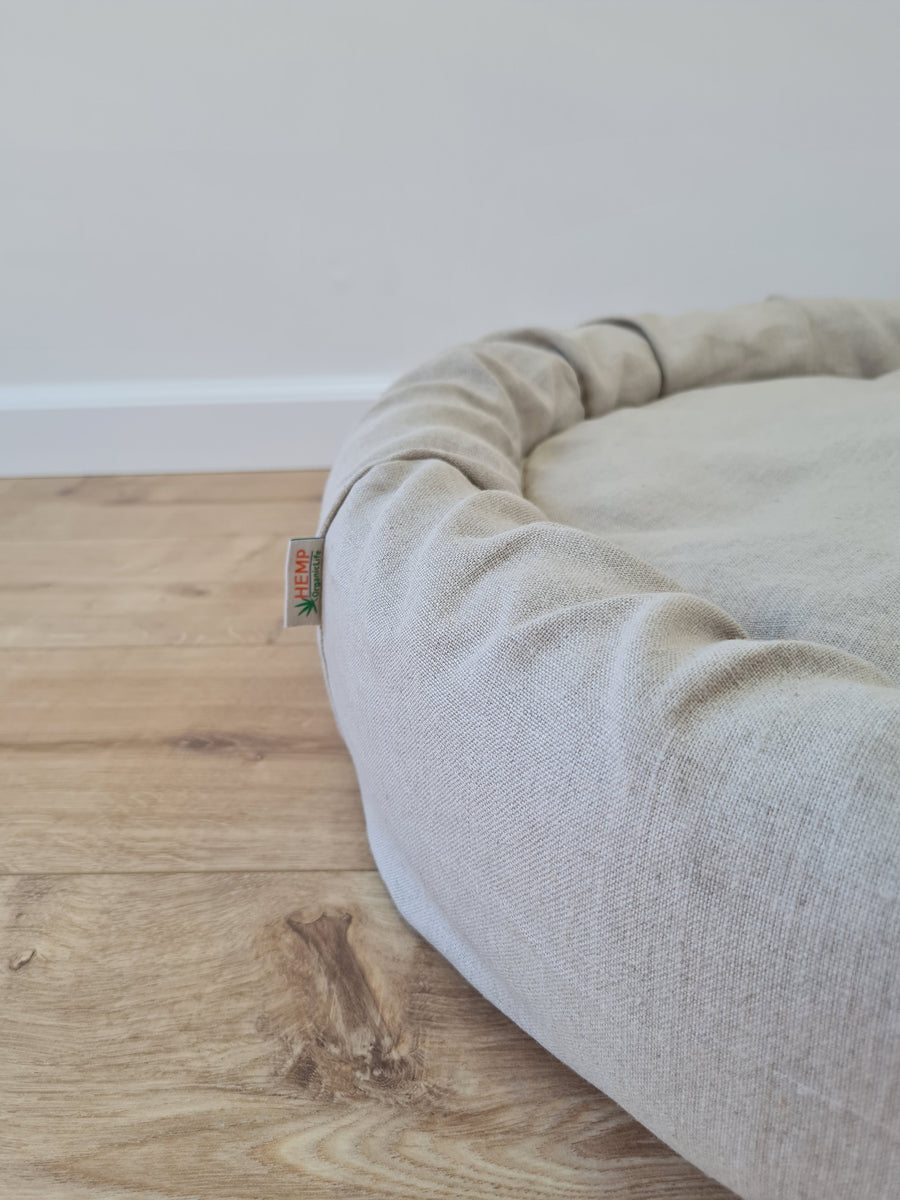 Low Round Hemp Linen Pet Bed Cot with Removable Washable Natural Non-dyed Linen Cover with thick cushion inside Filled Organic Hemp Fiber