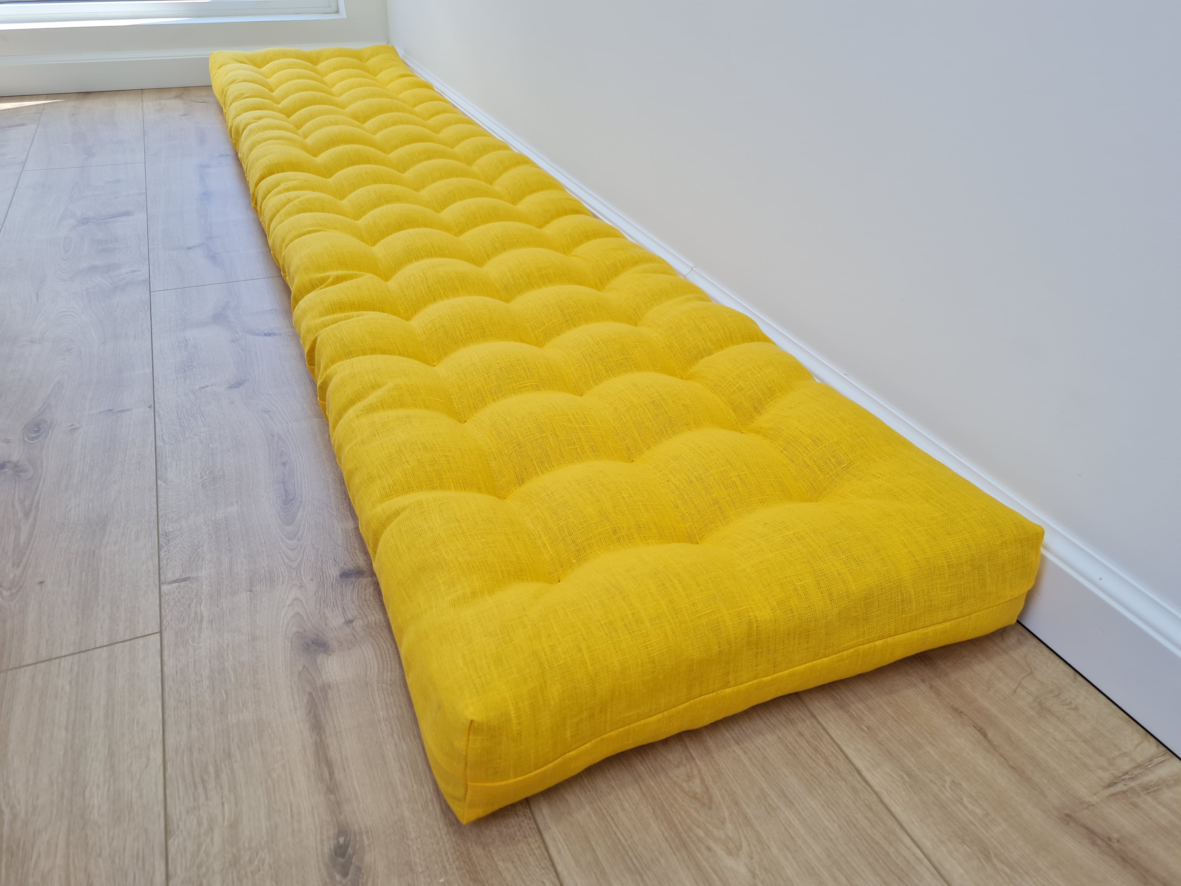 Hemp Linen cushion mat with organic hemp fiber filling in natural bright yellow linen fabric window bench cushion custom made