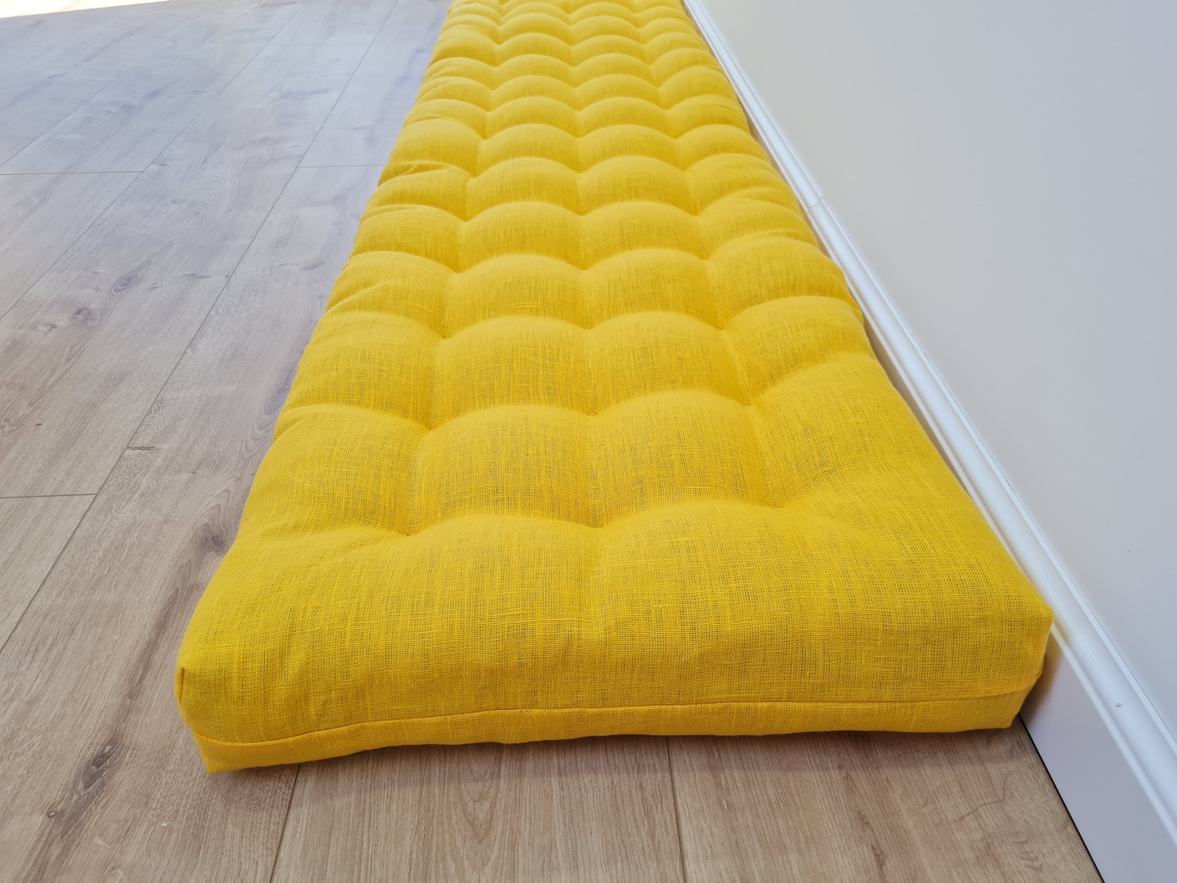 Hemp Linen cushion mat with organic hemp fiber filling in natural bright yellow linen fabric window bench cushion custom made