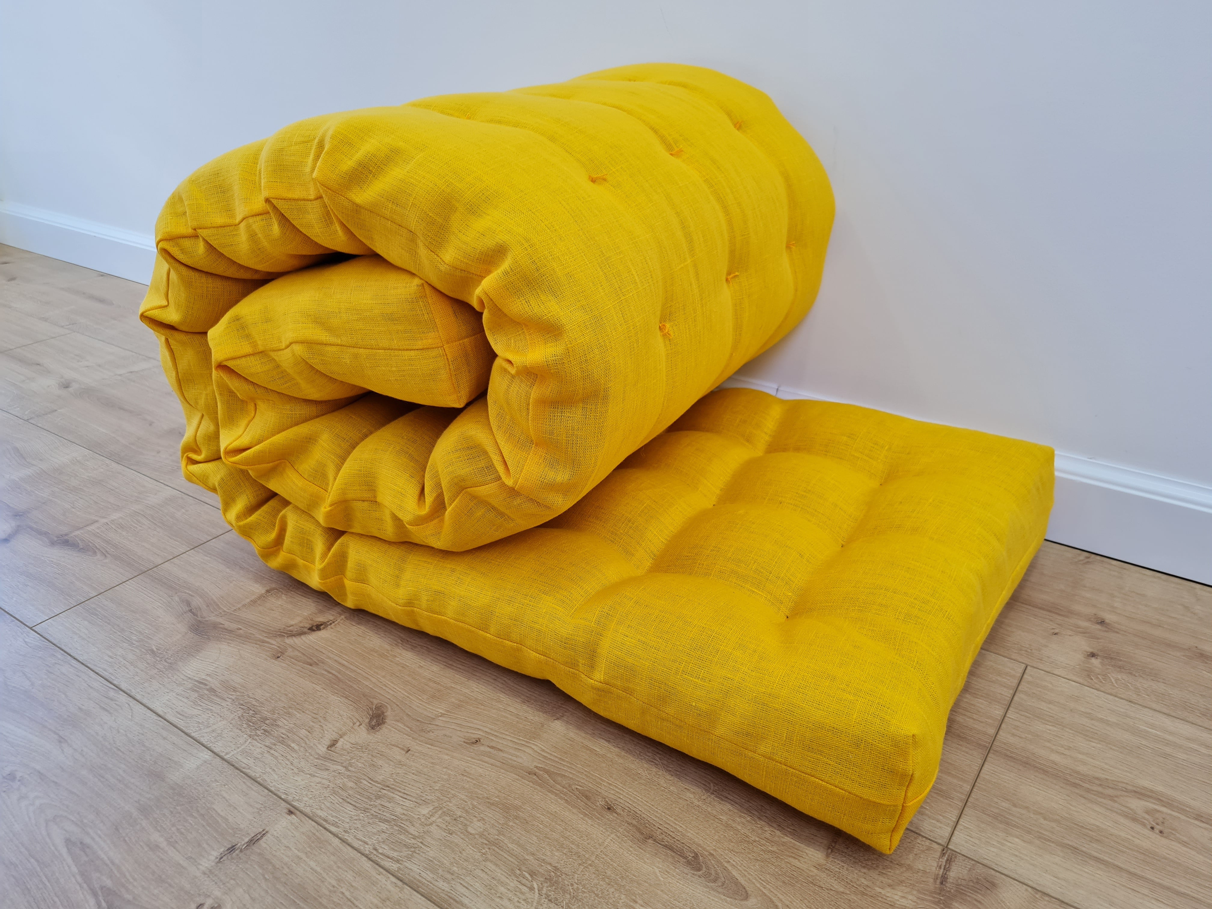 Hemp Linen cushion mat with organic hemp fiber filling in natural bright yellow linen fabric window bench cushion custom made