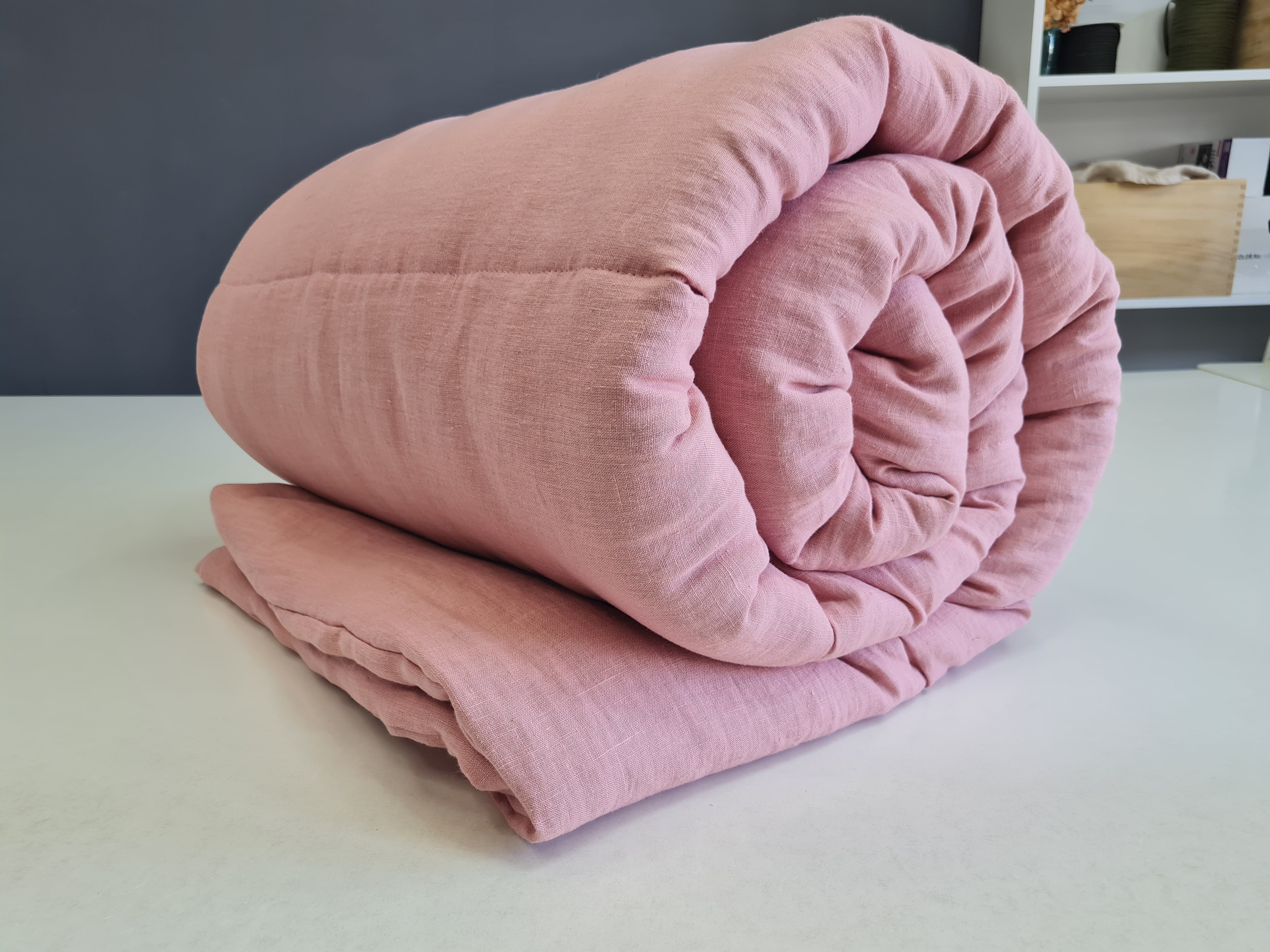 Winter Organic HEMP + FLAX blanket 400 g / m2 in natural coral pink linen fabric with filler created from organic Hemp fiber