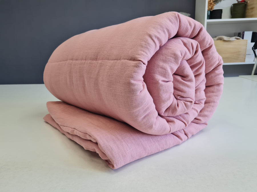 Winter Organic HEMP + FLAX blanket 400 g / m2 in natural coral pink linen fabric with filler created from organic Hemp fiber