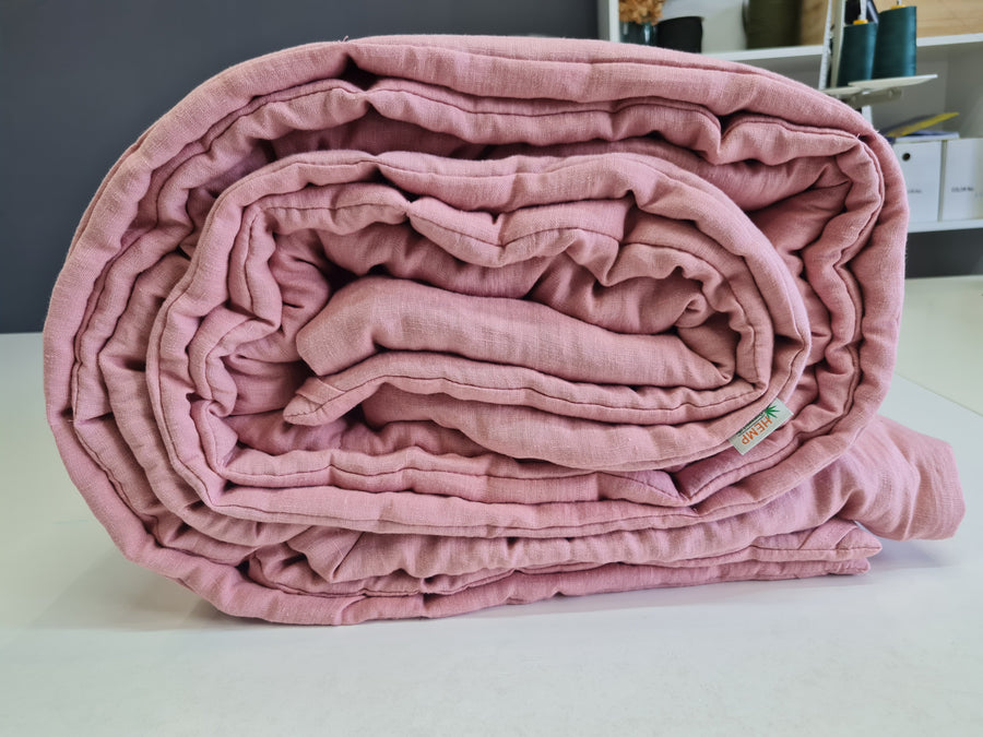 Winter Organic HEMP + FLAX blanket 400 g / m2 in natural coral pink linen fabric with filler created from organic Hemp fiber