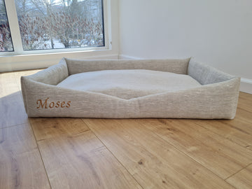 Personalised Dog bed Organic HEMP Pet Bed in natural non-dyed linen fabric filled organic HEMP Fiber with an embroidered custom name
