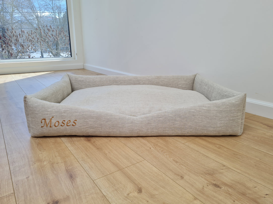 Personalised Dog bed Organic HEMP Pet Bed in natural non-dyed linen fabric filled organic HEMP Fiber with an embroidered custom name