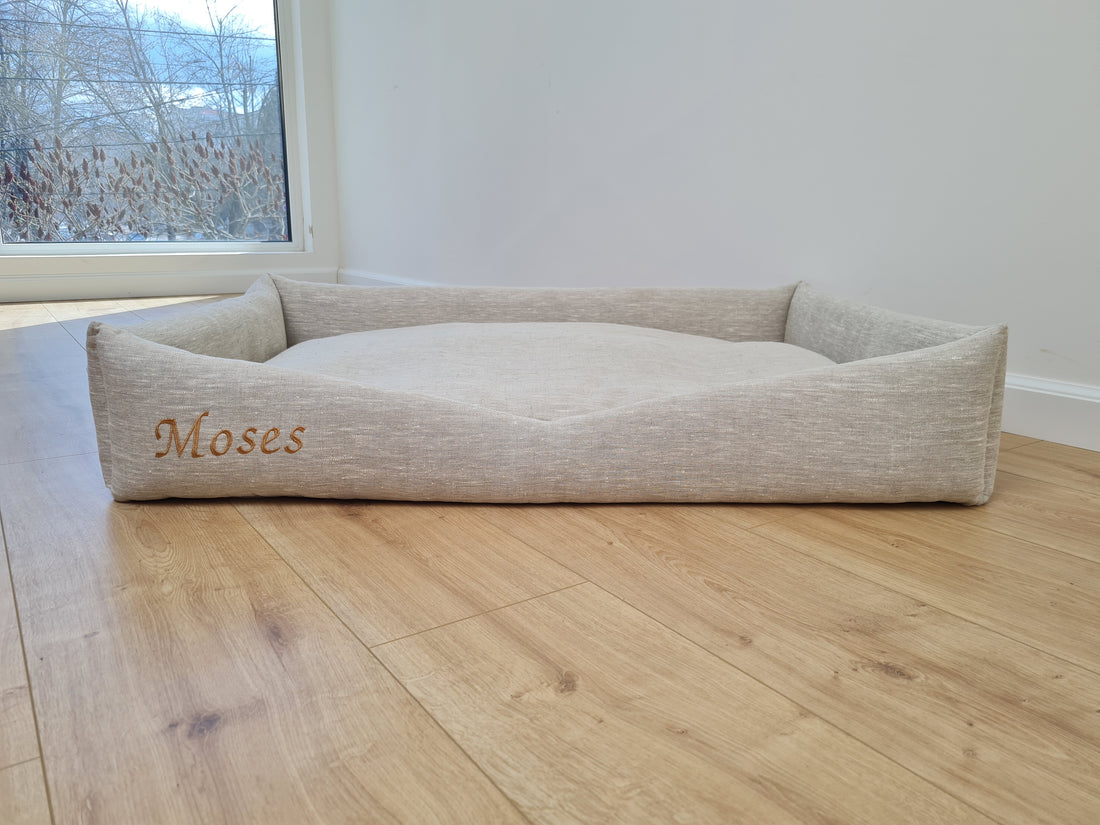 Personalised Dog bed Organic HEMP Pet Bed in natural non-dyed linen fabric filled organic HEMP Fiber with an embroidered custom name