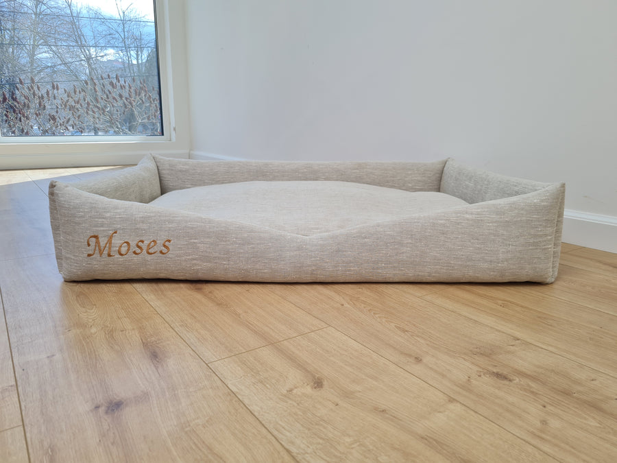 Personalised Dog bed Organic HEMP Pet Bed in natural non-dyed linen fabric filled organic HEMP Fiber with an embroidered custom name