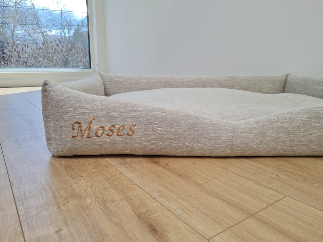 Personalised Dog bed Organic HEMP Pet Bed in natural non-dyed linen fabric filled organic HEMP Fiber with an embroidered custom name