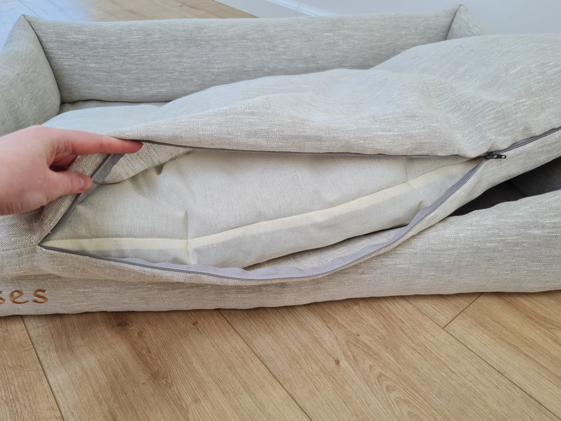 Personalised Dog bed Organic HEMP Pet Bed in natural non-dyed linen fabric filled organic HEMP Fiber with an embroidered custom name