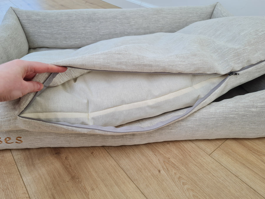 Personalised Dog bed Organic HEMP Pet Bed in natural non-dyed linen fabric filled organic HEMP Fiber with an embroidered custom name