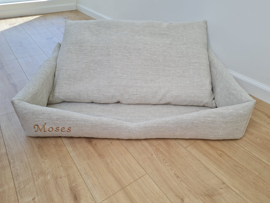 Personalised Dog bed Organic HEMP Pet Bed in natural non-dyed linen fabric filled organic HEMP Fiber with an embroidered custom name