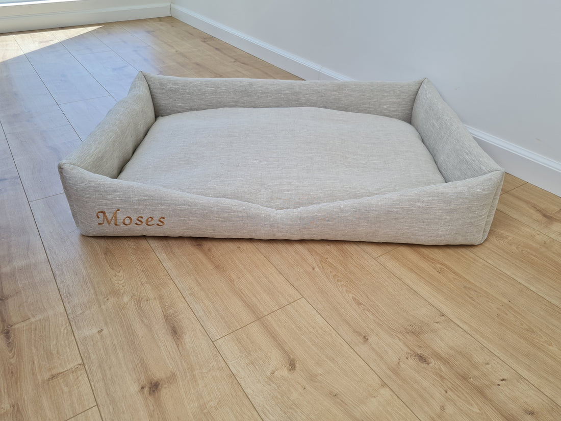 Personalised Dog bed Organic HEMP Pet Bed in natural non-dyed linen fabric filled organic HEMP Fiber with an embroidered custom name