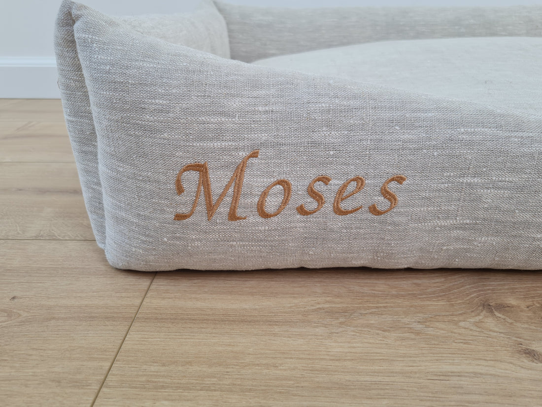 Personalised Dog bed Organic HEMP Pet Bed in natural non-dyed linen fabric filled organic HEMP Fiber with an embroidered custom name