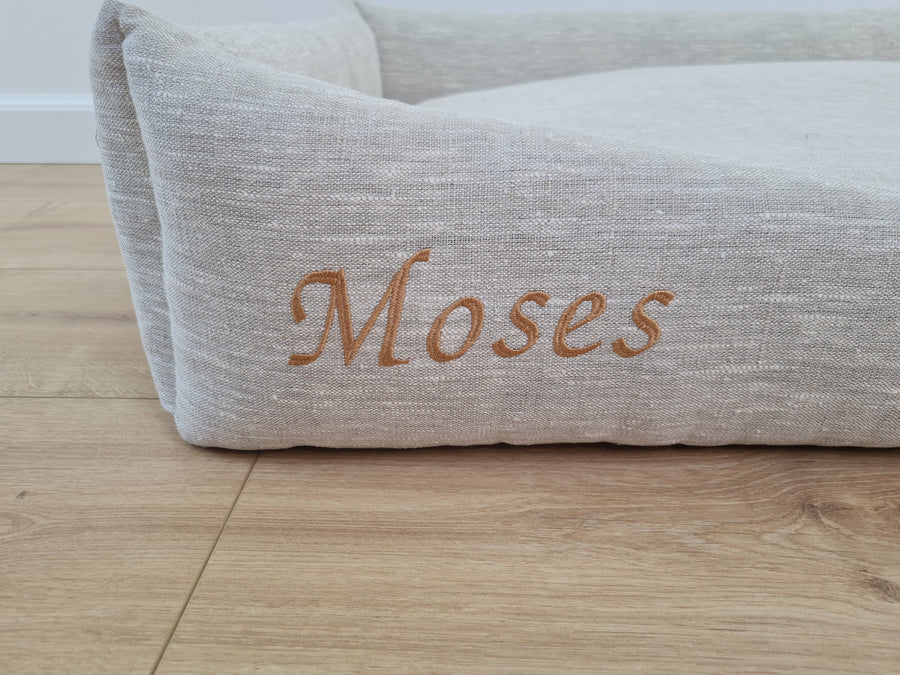 Personalised Dog bed Organic HEMP Pet Bed in natural non-dyed linen fabric filled organic HEMP Fiber with an embroidered custom name
