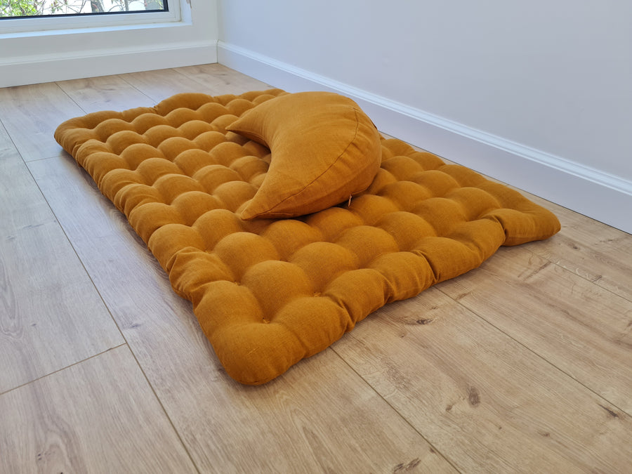 Set of linen meditation mustard Cresсent cushion + mat floor cushion 23" x 35" filled with buckwheat hulls