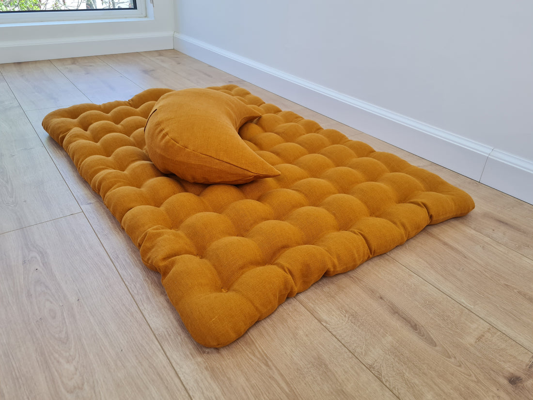 Set of linen meditation mustard Cresсent cushion + mat floor cushion 23" x 35" filled with buckwheat hulls