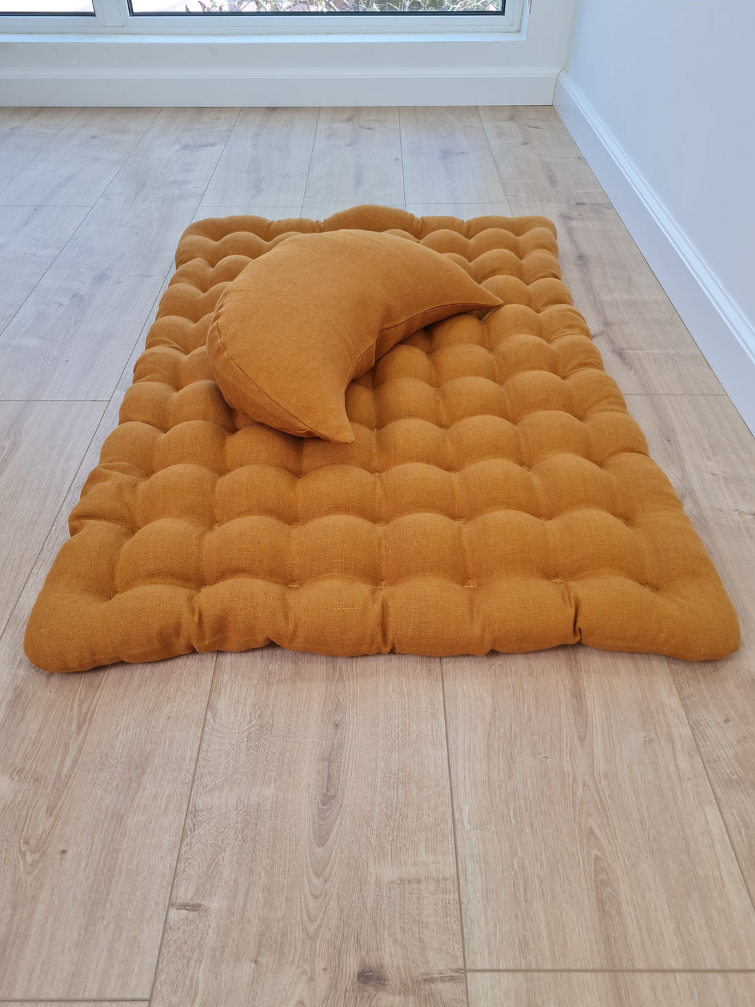 Set of linen meditation mustard Cresсent cushion + mat floor cushion 23" x 35" filled with buckwheat hulls