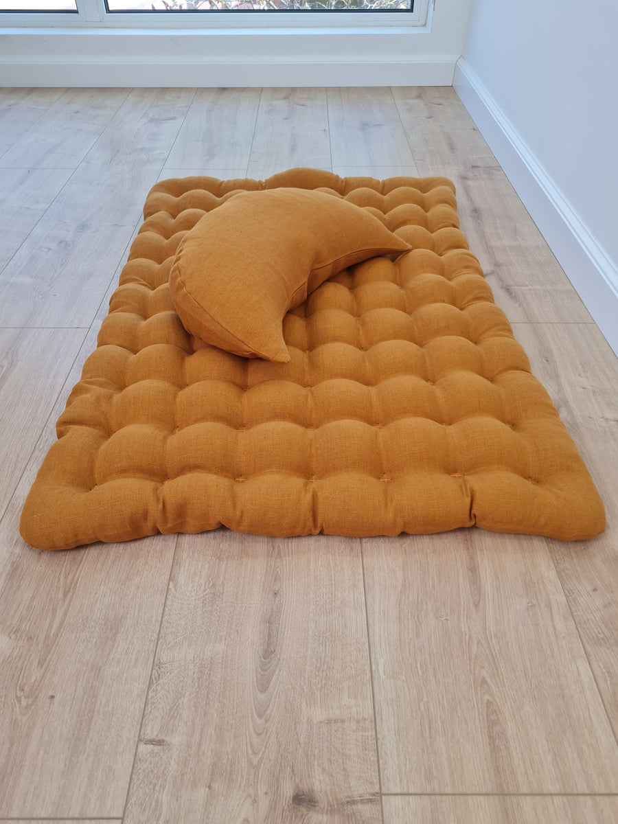 Set of linen meditation mustard Cresсent cushion + mat floor cushion 23" x 35" filled with buckwheat hulls