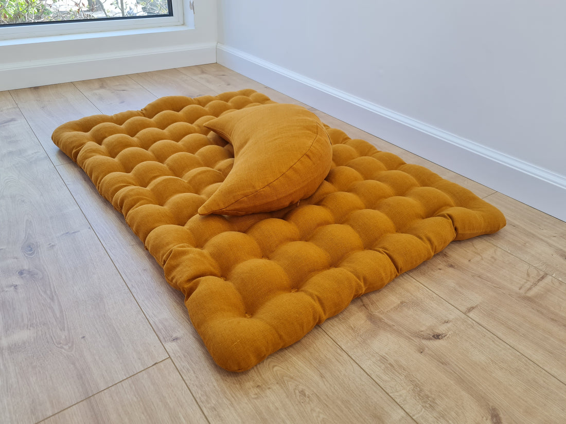 Set of linen meditation mustard Cresсent cushion + mat floor cushion 23" x 35" filled with buckwheat hulls