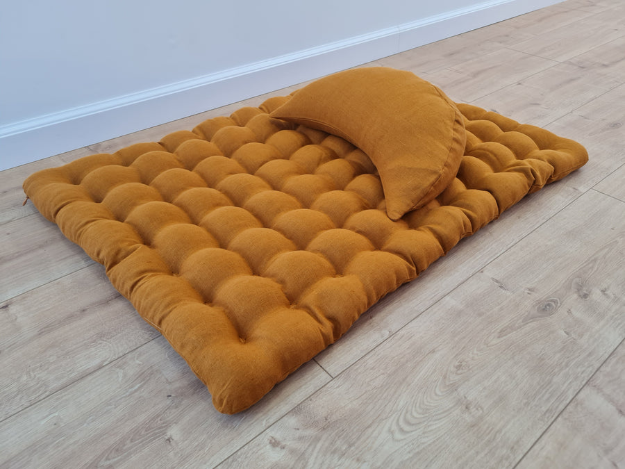Set of linen meditation mustard Cresсent cushion + mat floor cushion 23" x 35" filled with buckwheat hulls