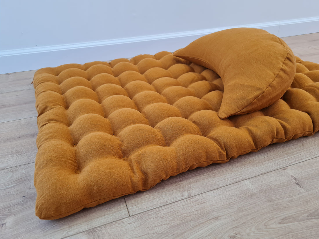 Set of linen meditation mustard Cresсent cushion + mat floor cushion 23" x 35" filled with buckwheat hulls
