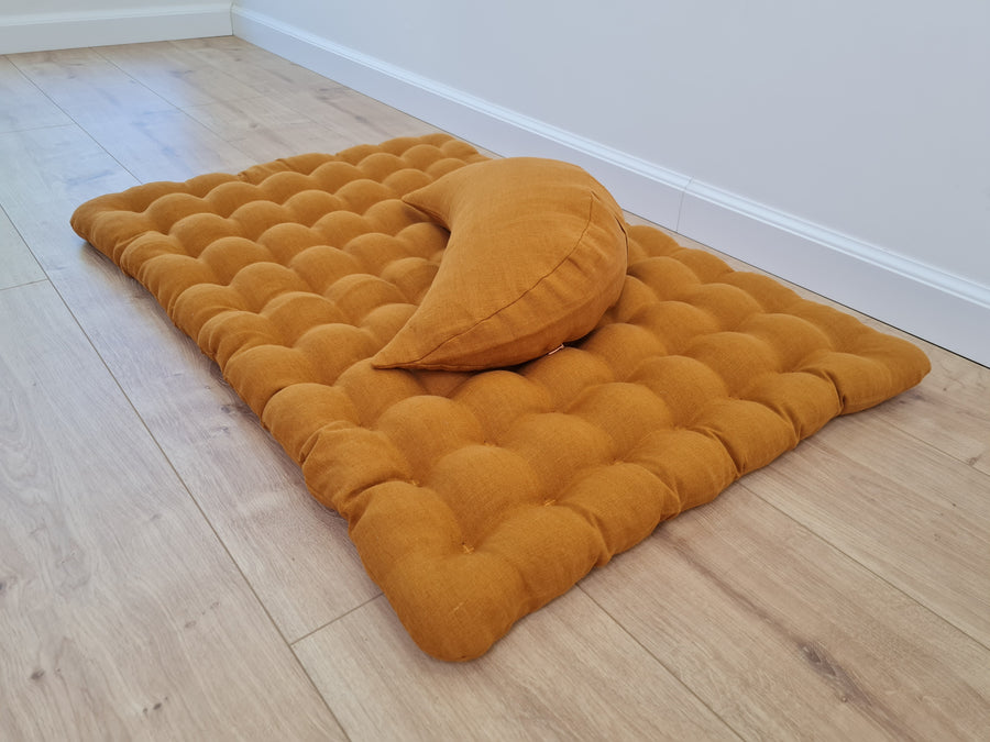 Set of linen meditation mustard Cresсent cushion + mat floor cushion 23" x 35" filled with buckwheat hulls