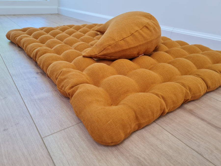 Set of linen meditation mustard Cresсent cushion + mat floor cushion 23" x 35" filled with buckwheat hulls