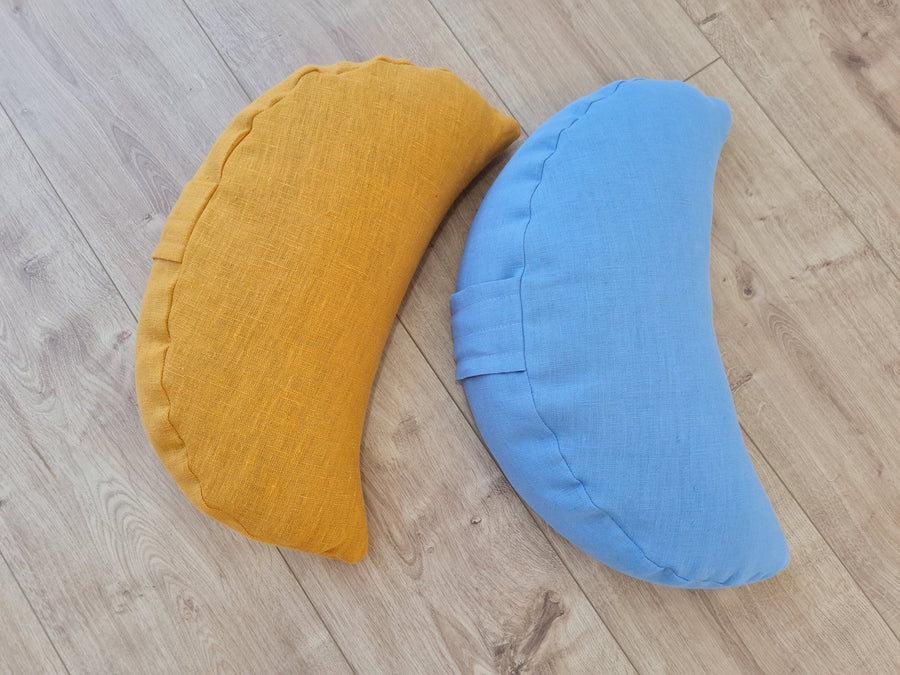Set of two Yellow & Blue meditation natural Crescent linen cushions filled with buckwheat hulls gift for him for her Yoga support pillow