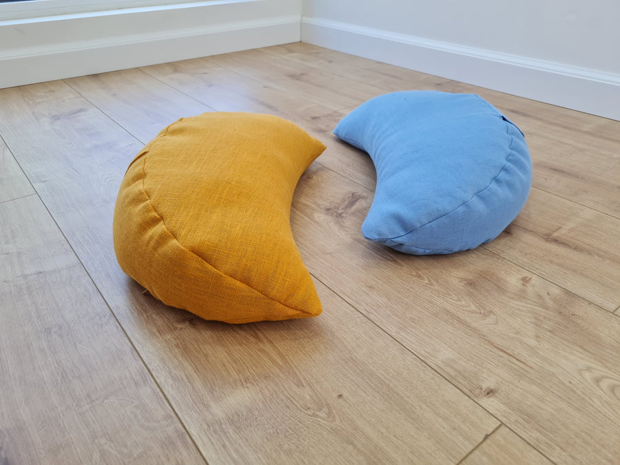 Set of two Yellow & Blue meditation natural Crescent linen cushions filled with buckwheat hulls gift for him for her Yoga support pillow
