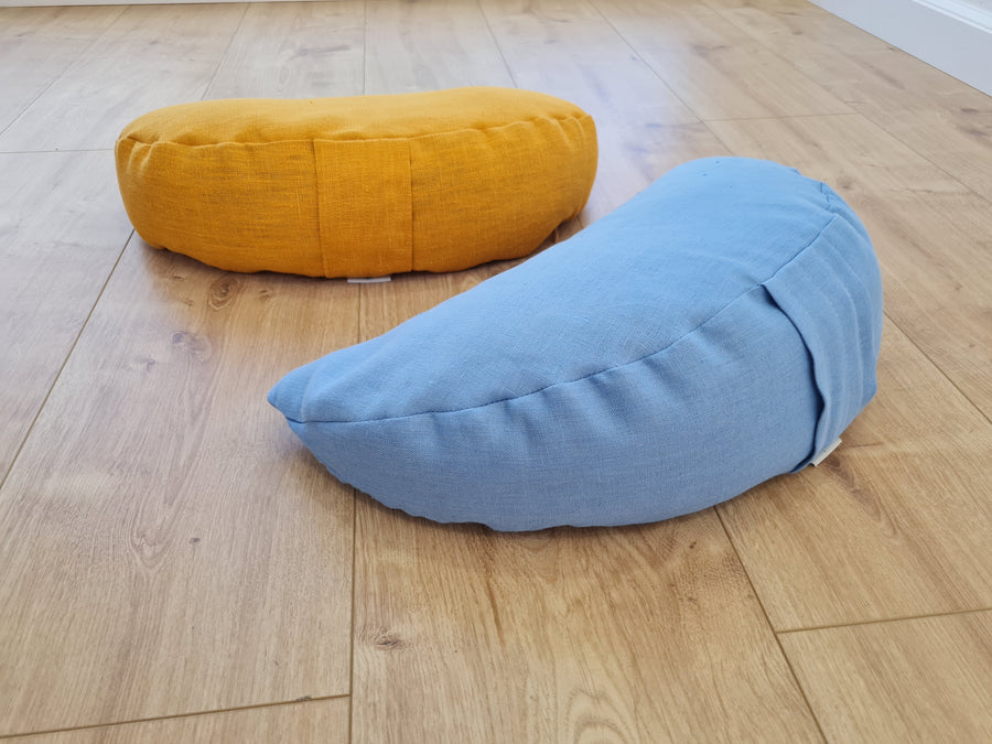Set of two Yellow & Blue meditation natural Crescent linen cushions filled with buckwheat hulls gift for him for her Yoga support pillow