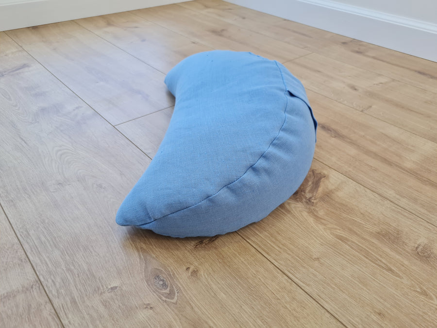 Linen meditation Cresсent cushion blue filled with buckwheat hulls