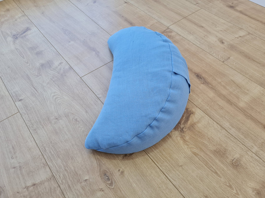 Linen meditation Cresсent cushion blue filled with buckwheat hulls