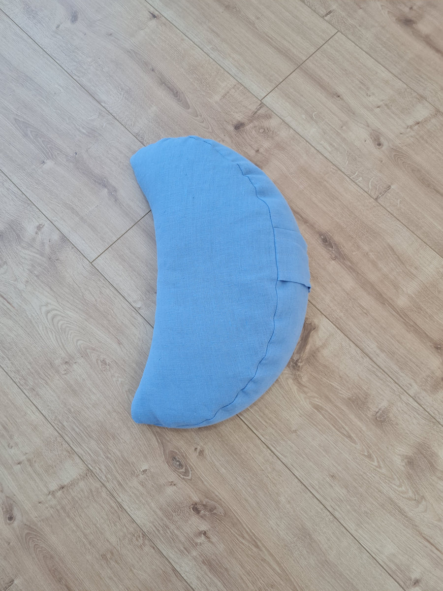 Linen meditation Cresсent cushion blue filled with buckwheat hulls