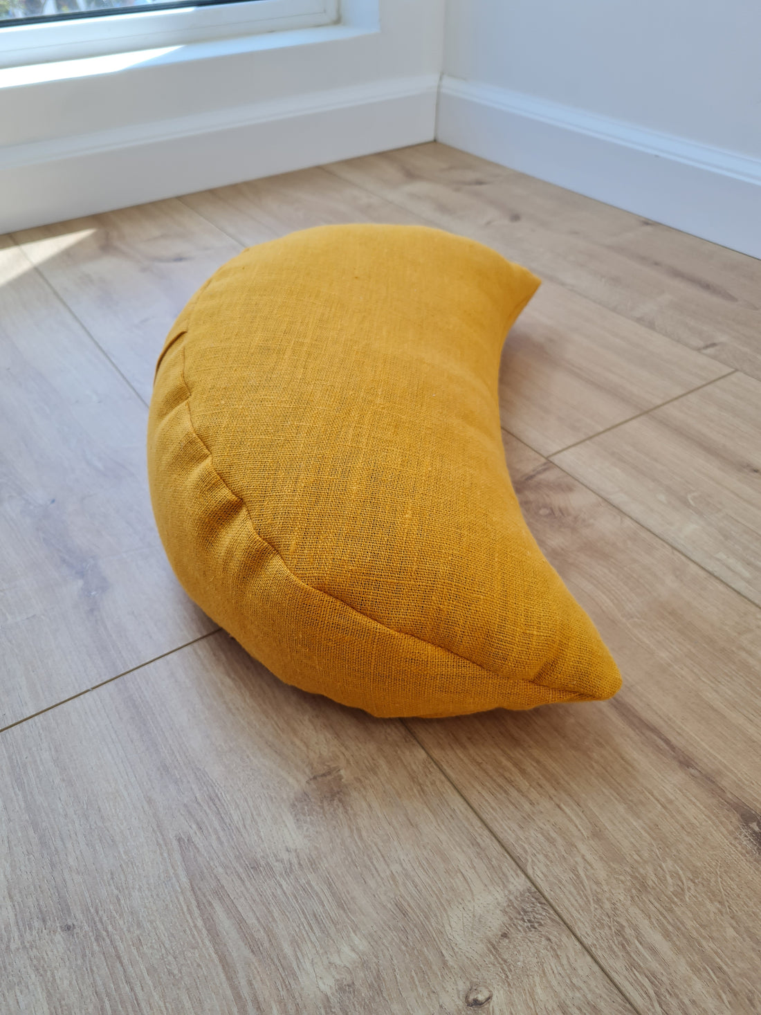 Mustard linen meditation Cresсent cushion filled with buckwheat hulls Yoga support pillow