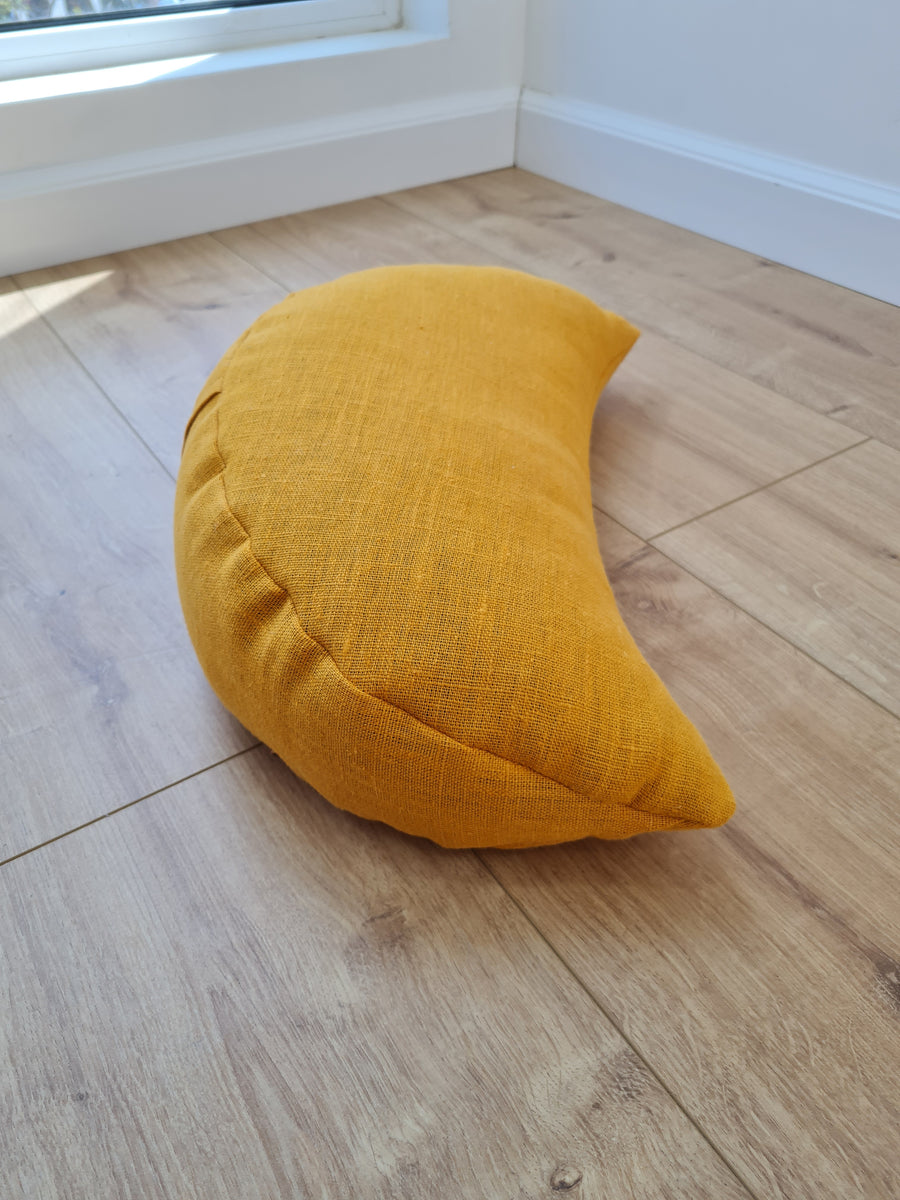 Mustard linen meditation Cresсent cushion filled with buckwheat hulls Yoga support pillow